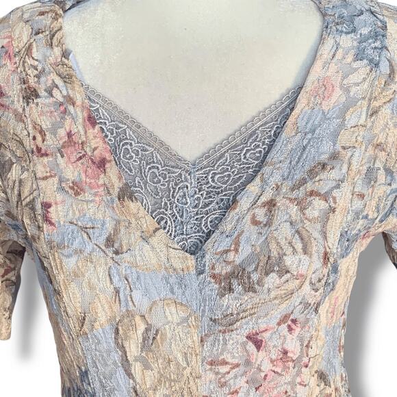 Vintage 90s Crinkle Lace Panels Maxi Dress Medium Pastel Blue Floral Pattern - Picture 4 of 9